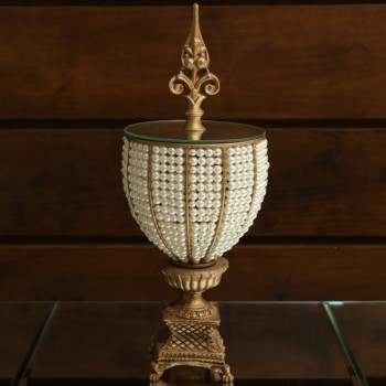 Cod 569 - Vaso Atenas Dourado com tampa - Perolas - 50 cm